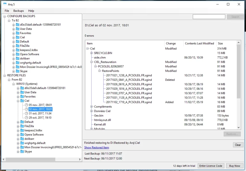 Arq backup incrementiel vue des elements modifies
