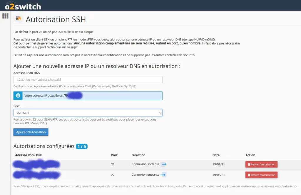 O2Switch activer acces SSH port 22