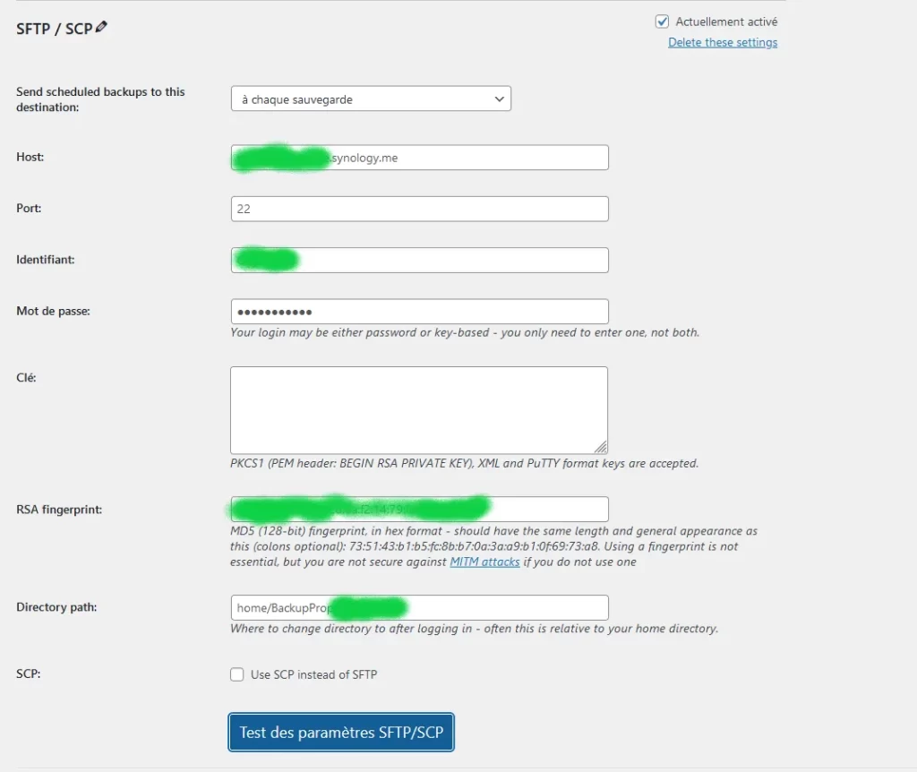 UpdraftPlus config SFTP