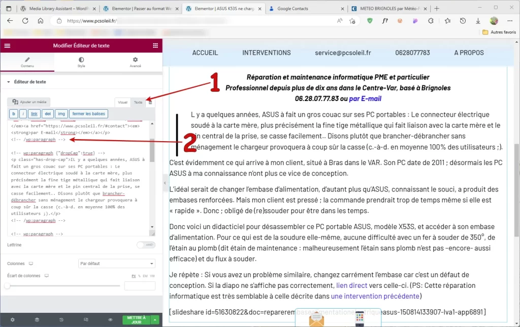 Corriger paragraphes mode texte elementor