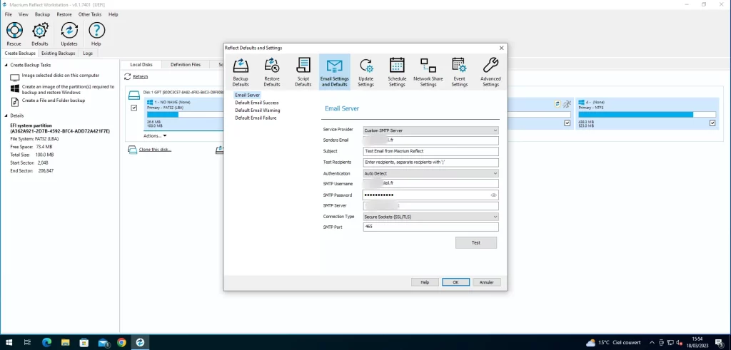 Macrium parametres SMTP notifications