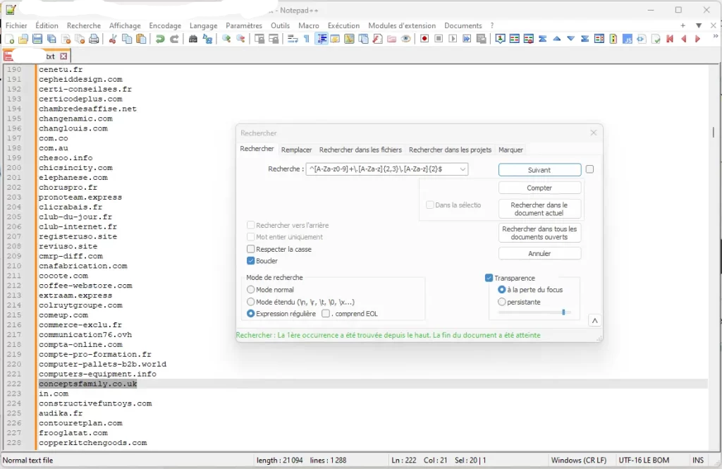 Notepad plus plus recherche TLD composes