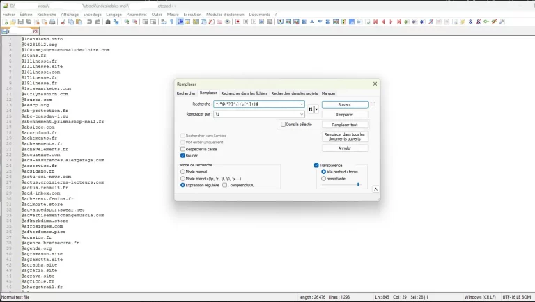 Notepad plus plus remplacer emails complets par nom de domaine avec Regex