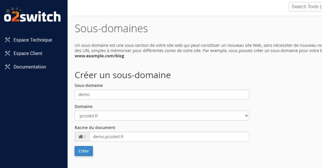 O2Switch creation sous domaine demo.pcsoleil.fr