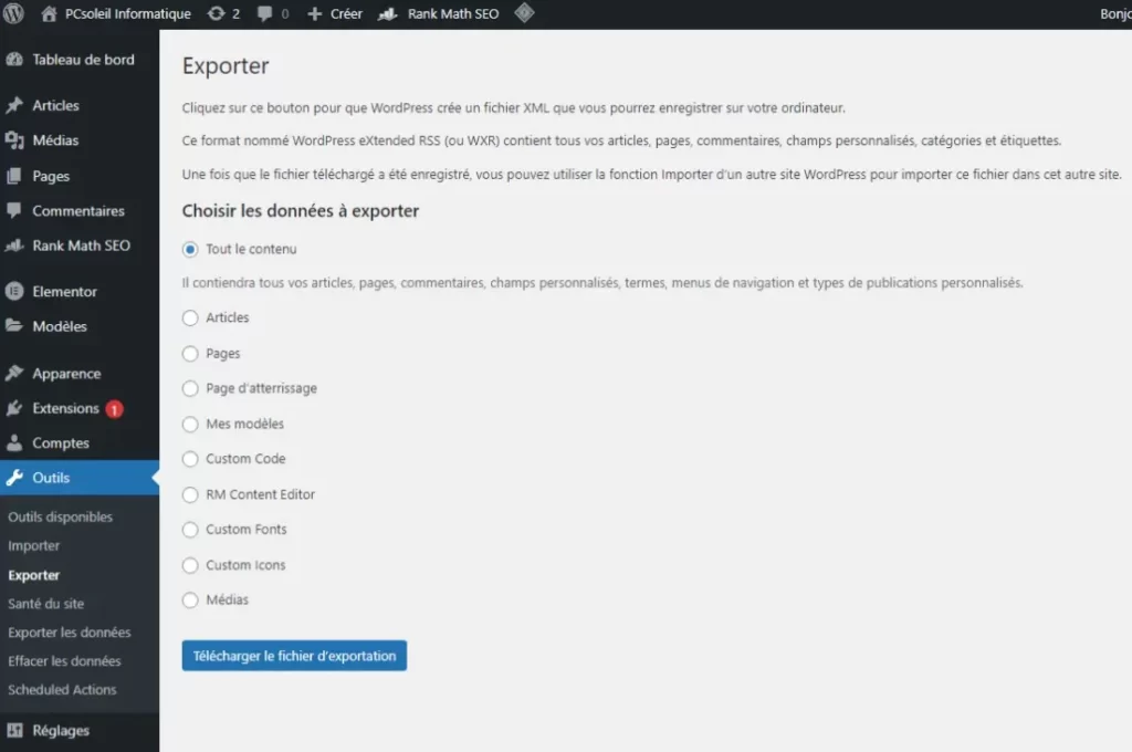 Outils Exporter Tout wordpress