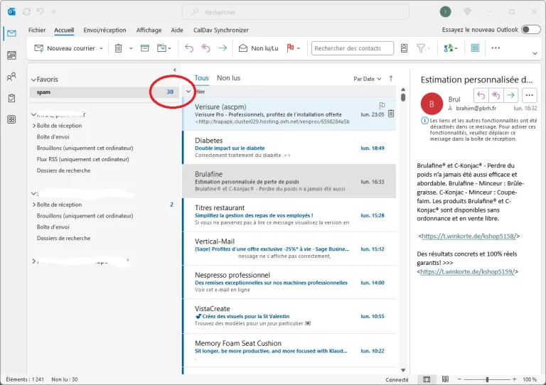 Outlook capture dossier spams