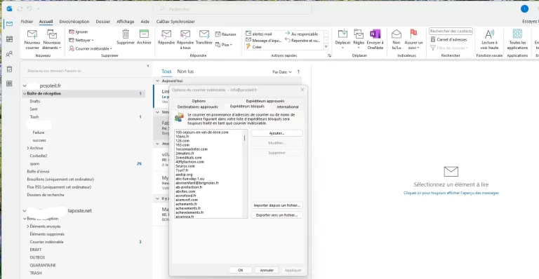 Outlook vue fenetre Expediteurs bloques