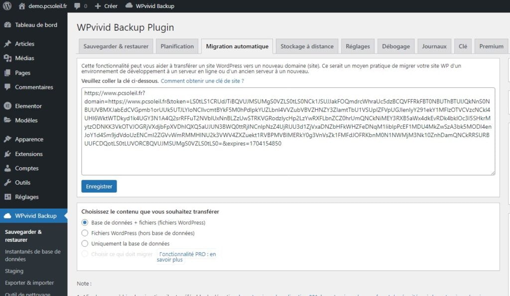demo.pcsoleil.fr renseignement cle WPvivid permettant transfert site demo.pcsoleil.fr vers pcsoleil.fr