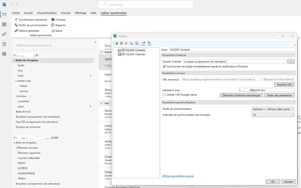 Vue Synchros Outook Caldav Synchronizer
