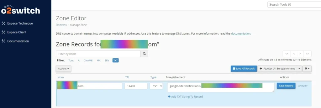 09 O2Switch rentrer code validation proprietaire zone editor DNS