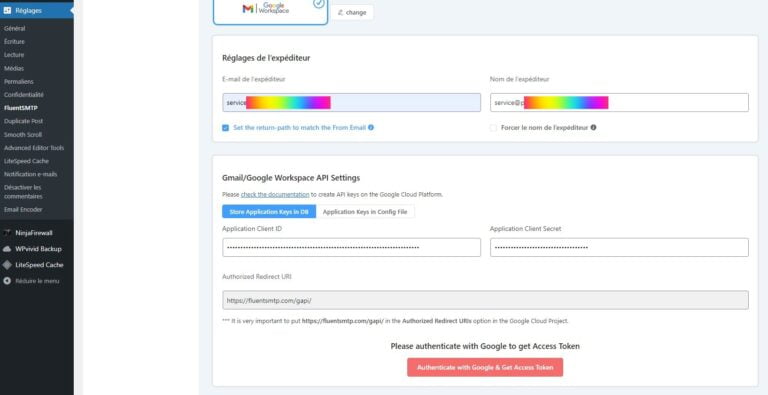 24 FluentSMTP WordPress Admin choisir Google et rentrer cles