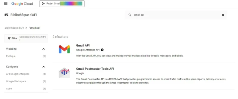 Google cloud Gmail API resultat recherche