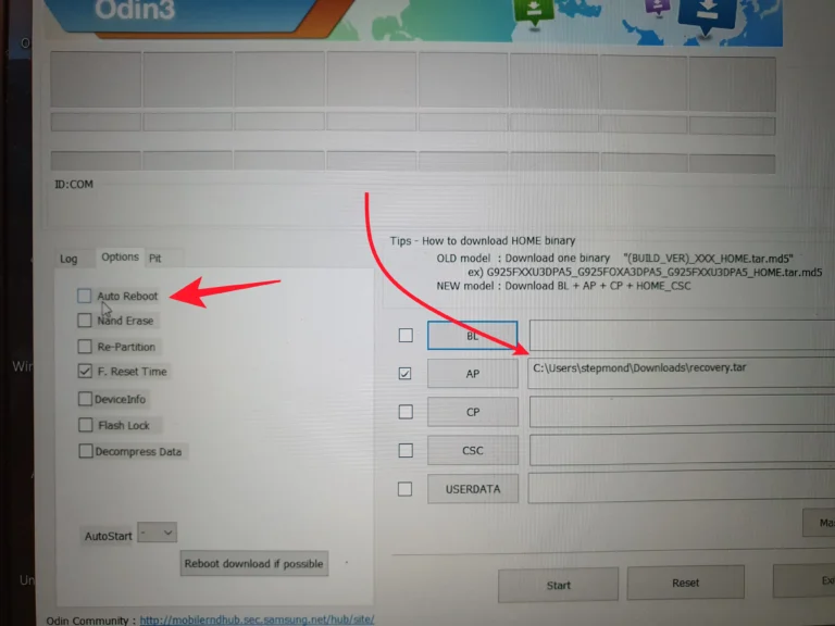Odin fichier TAR et Autoreboot OFF