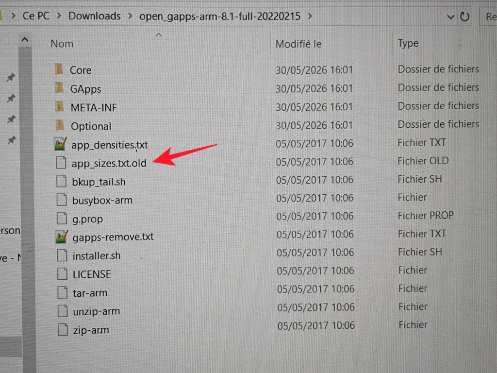 Renommage app_sizes.txt du zip des google apps pour lineageOS 01