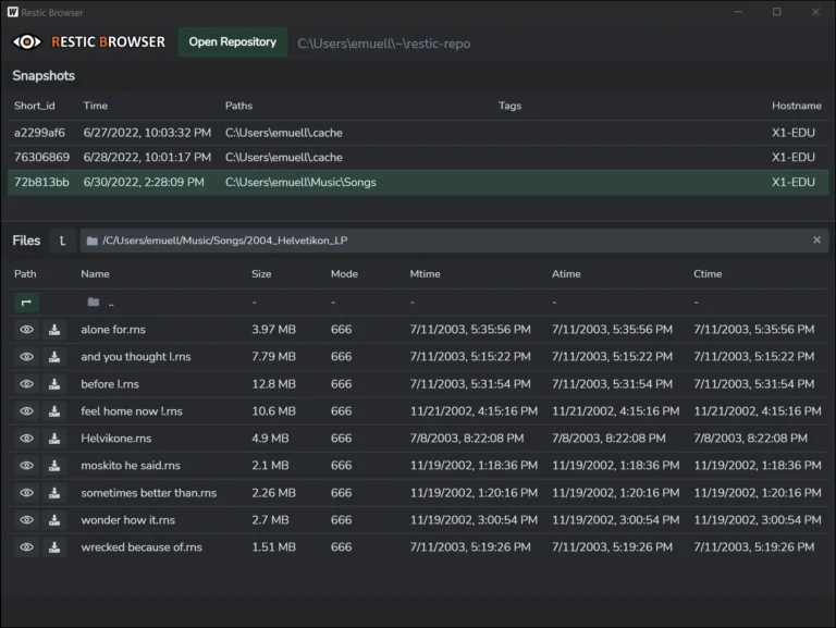 Restic Browser ouverture snapshot