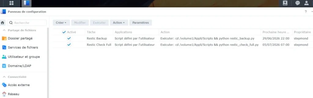 Taches planifiees de backup et check sur NAS